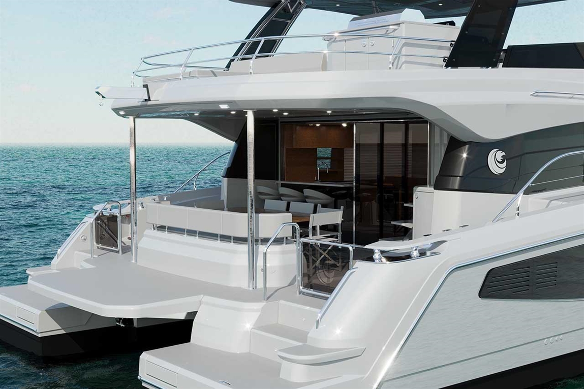 Luxury catamaran docked by the sea featuring a spacious deck, modern seating area, and panoramic windows in the cabin.